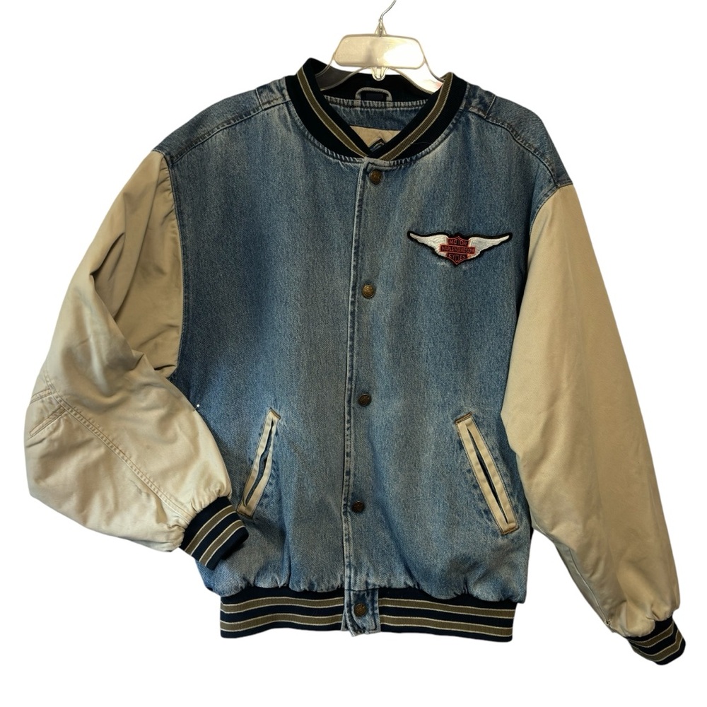 Vintage Harley Davidson Gear For Sports Thrashed Denim Varsity Bomber Jacket